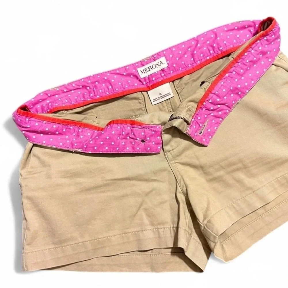 Y2K Tan Mini Shorts Low Rise Size 6 Pink Polka Dot Waist Preppy 2000s - Picture 3 of 6